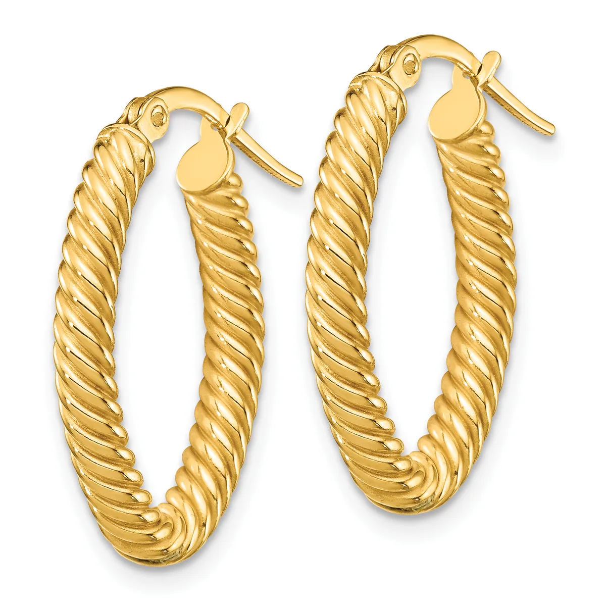 A pair of gold twisted hoop earrings with post and clutch backs, displayed against a white background.