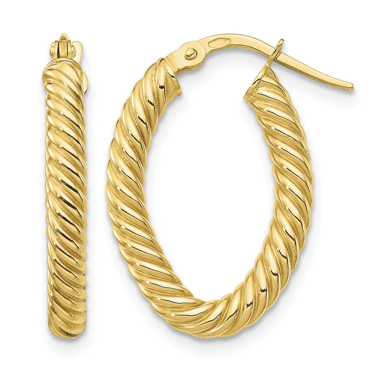 Pair of gold twisted hoop earrings with post and clutch backs, displayed side by side showing front and back views.