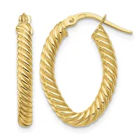 Pair of gold twisted hoop earrings with post and clutch backs, displayed side by side showing front and back views.