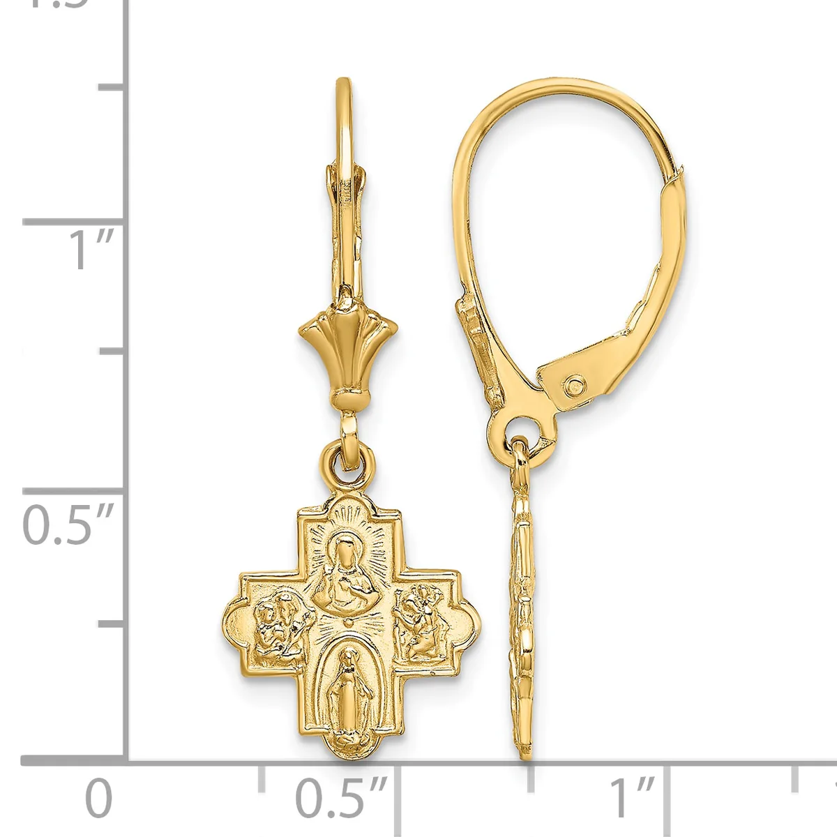 Gold-toned four-way cross leverback earrings with religious figures in relief, displayed on a measurement scale showing approximately one inch in length.