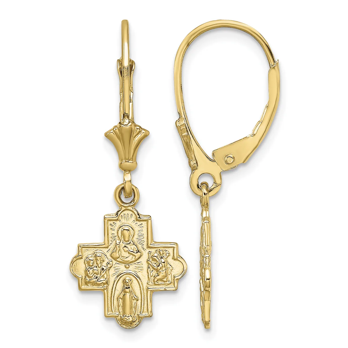 Pair of gold-toned lever-back earrings with decorative four-point cross pendants featuring religious imagery and textured details.