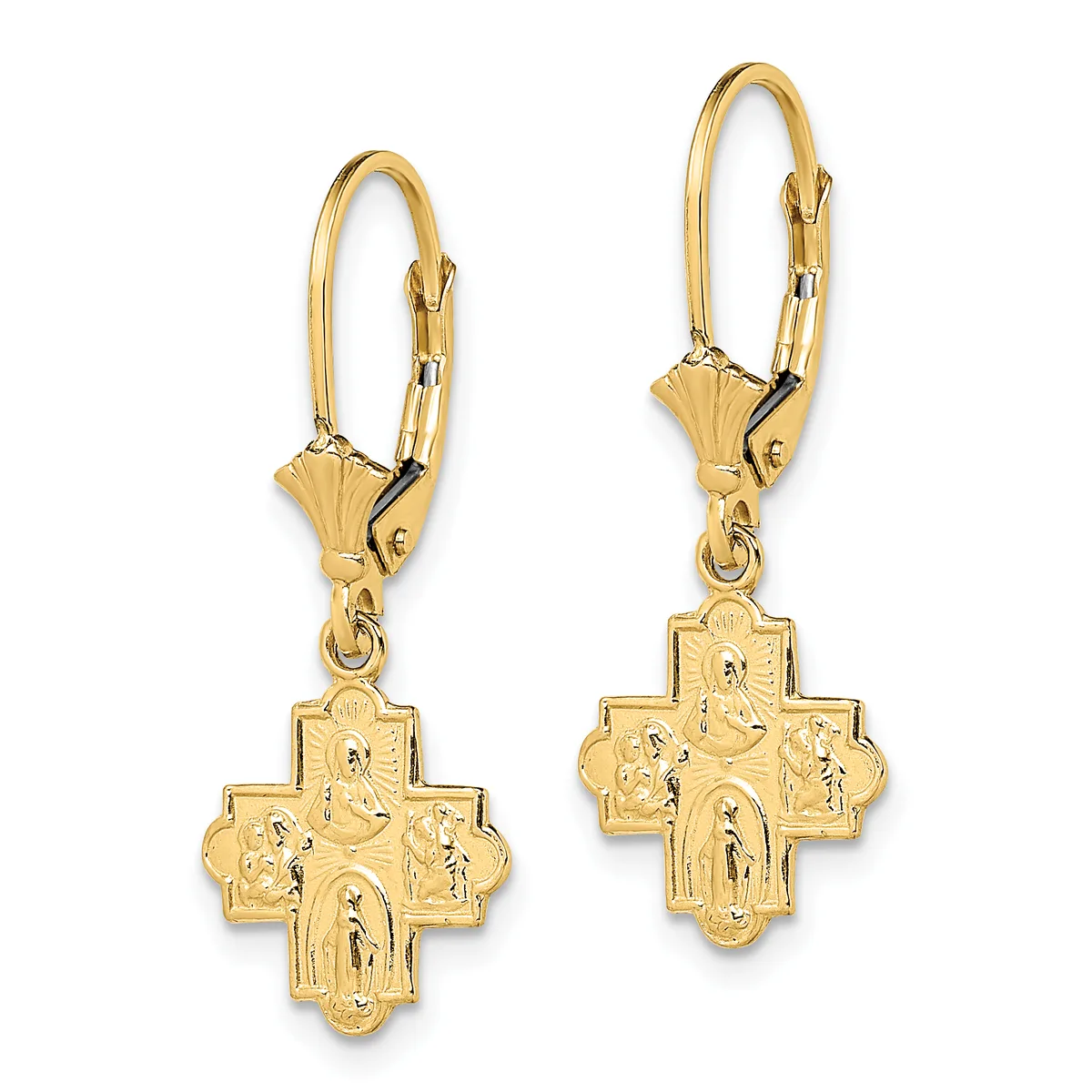 Pair of gold lever-back earrings with decorative fan-shaped tops and four-way cross pendants featuring embossed religious figures.