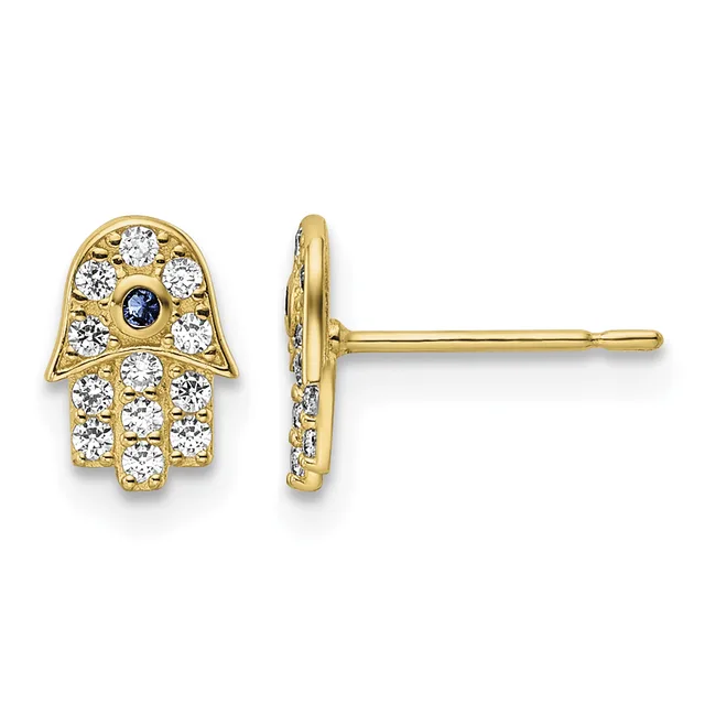 Pair of gold hamsa hand stud earrings set with round diamonds and a small sapphire, shown from front and side views.