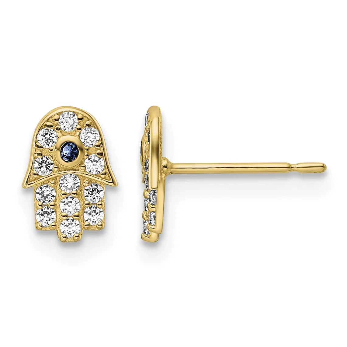 Pair of gold hamsa hand stud earrings set with round diamonds and a small sapphire, shown from front and side views.