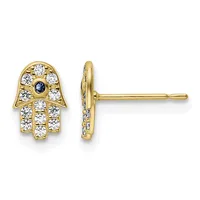 Pair of gold hamsa hand stud earrings set with round diamonds and a small sapphire, shown from front and side views.