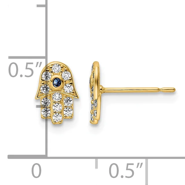 Gold hamsa hand stud earrings with white cubic zirconia stones and small blue sapphire centers, shown front and side view with measurement scale.