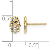 Gold hamsa hand stud earrings with white cubic zirconia stones and small blue sapphire centers, shown front and side view with measurement scale.
