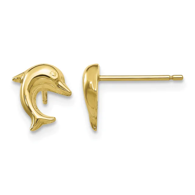 A pair of gold dolphin stud earrings shown from front and side views, displaying the polished finish and curved design of each earring on a post.
