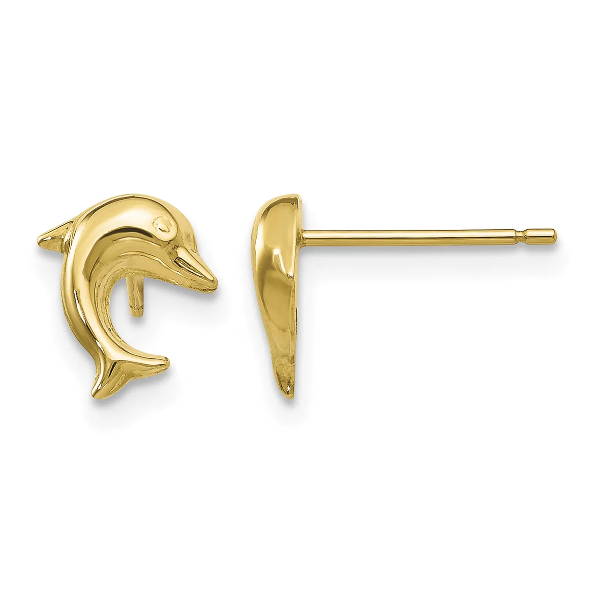 A pair of gold dolphin stud earrings shown from front and side views, displaying the polished finish and curved design of each earring on a post.