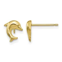 A pair of gold dolphin stud earrings shown from front and side views, displaying the polished finish and curved design of each earring on a post.