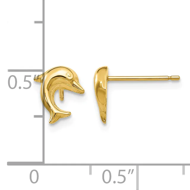 Pair of gold dolphin stud earrings displayed on a measurement scale showing approximately half inch in length.