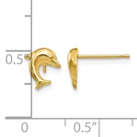 Pair of gold dolphin stud earrings displayed on a measurement scale showing approximately half inch in length.