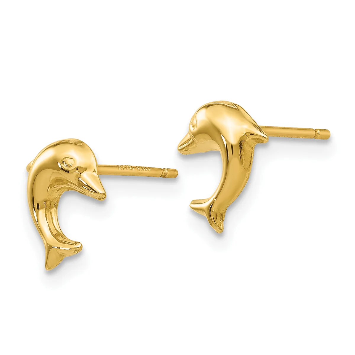 A pair of gold dolphin-shaped stud earrings shown from the front, with posts and backs visible.