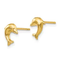 A pair of gold dolphin-shaped stud earrings shown from the front, with posts and backs visible.