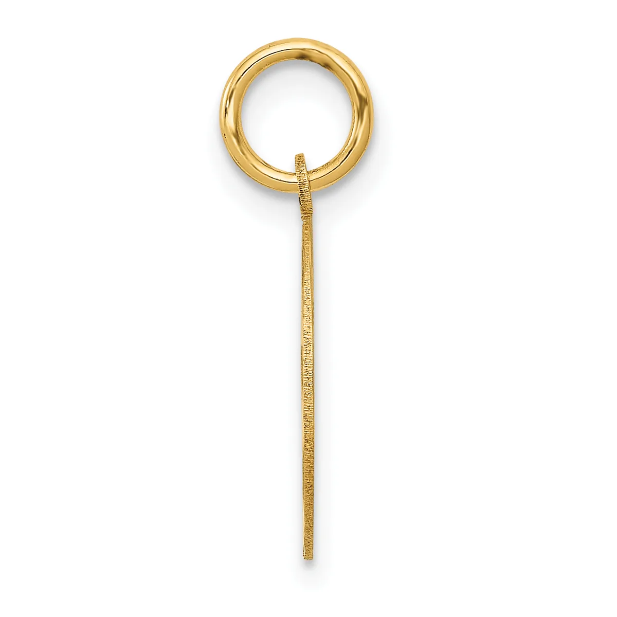 A gold pendant consisting of a circular ring at the top with a long textured rectangular bar hanging below it.