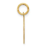 A gold pendant consisting of a circular ring at the top with a long textured rectangular bar hanging below it.