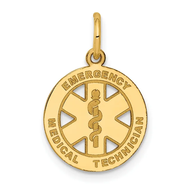 Gold pendant featuring a circular medical symbol with "Emergency Medical Technician" text around the border and a caduceus symbol in the center, suspended from a small loop.