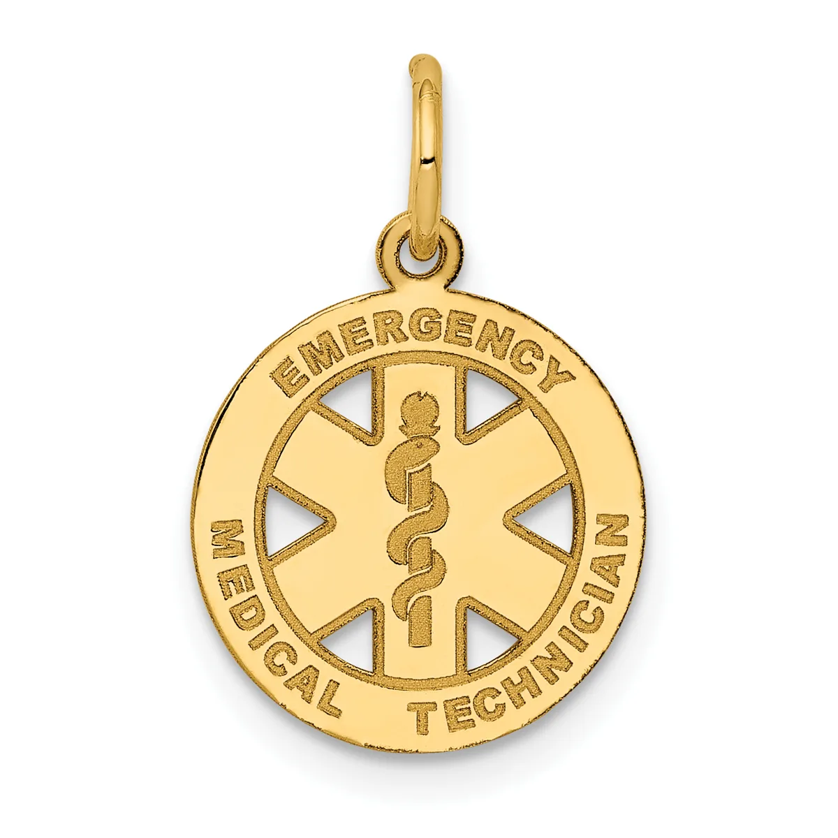 Gold pendant featuring a circular medical symbol with "Emergency Medical Technician" text around the border and a caduceus symbol in the center, suspended from a small loop.