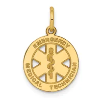 Gold pendant featuring a circular medical symbol with "Emergency Medical Technician" text around the border and a caduceus symbol in the center, suspended from a small loop.