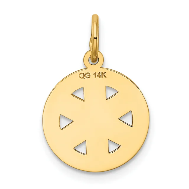 A round gold pendant with a small hallmark stamp, featuring six triangular cutouts arranged symmetrically around the disc, suspended from a loop bail.
