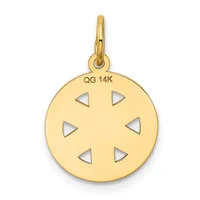 A round gold pendant with a small hallmark stamp, featuring six triangular cutouts arranged symmetrically around the disc, suspended from a loop bail.