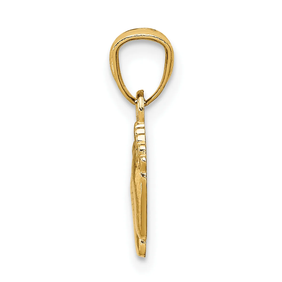A gold pendant with an open teardrop-shaped loop at the top and a tapered shaft below, featuring textured surface detailing along the stem.