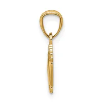 A gold pendant with an open teardrop-shaped loop at the top and a tapered shaft below, featuring textured surface detailing along the stem.