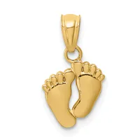 Gold pendant featuring two polished baby feet with defined toes, suspended from a bail loop.