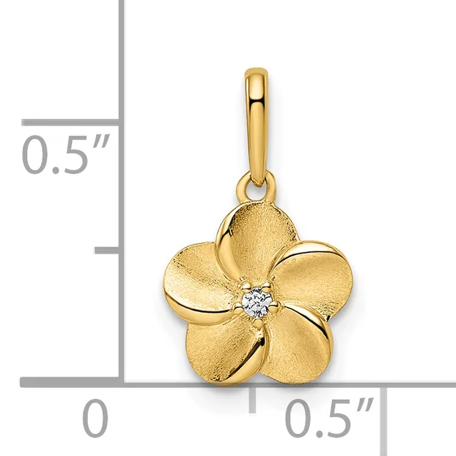 Gold flower pendant with five petals and a small diamond at the center, shown next to a ruler indicating approximately 0.5 inches in width and height.