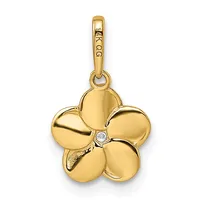 A gold flower-shaped pendant with five rounded petals and a small diamond at the center, suspended from a gold bail with a small stamped hallmark.