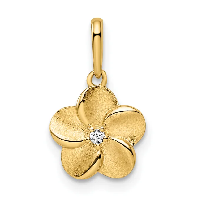 Gold flower pendant with five petals and a small round diamond at the center, suspended from a gold bail.