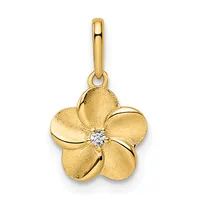 Gold flower pendant with five petals and a small round diamond at the center, suspended from a gold bail.