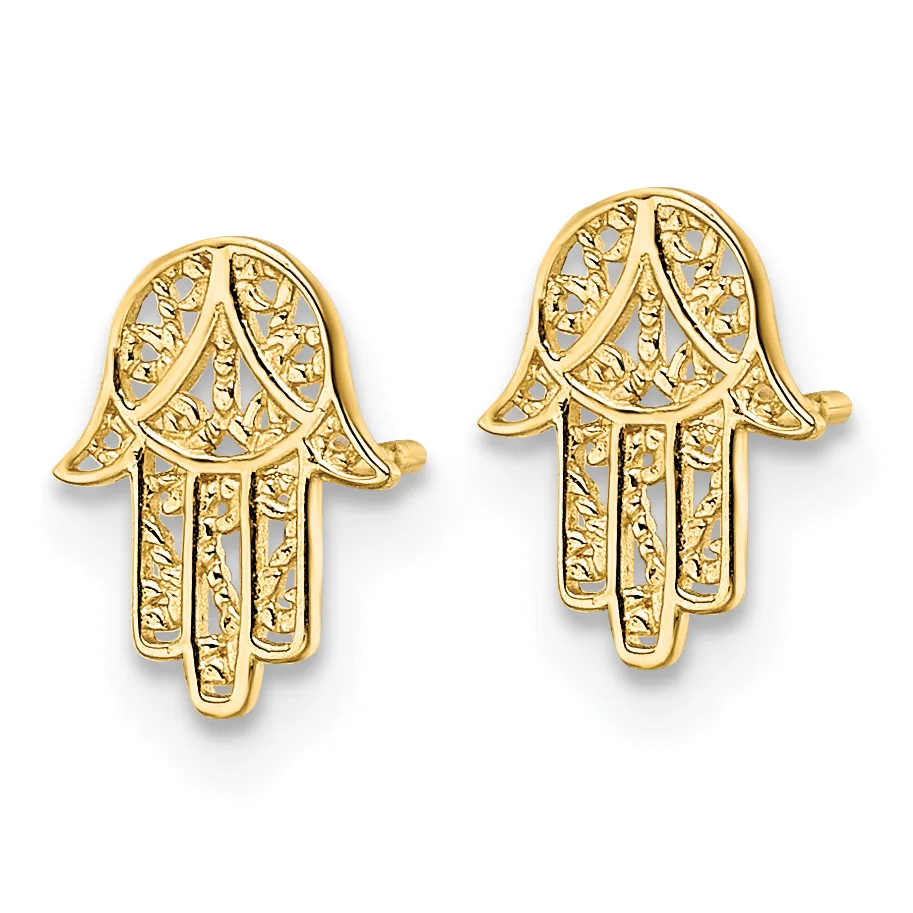 Pair of gold hamsa hand stud earrings with textured surfaces and peace symbol cutouts, shown from front and back views.