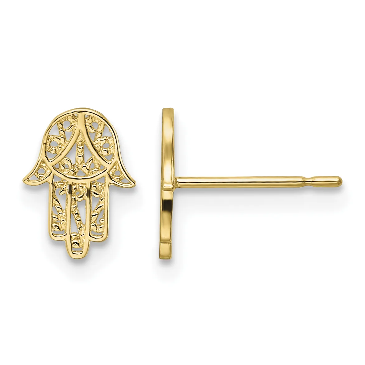 A pair of gold Hamsa hand stud earrings shown from front and side views, featuring ornate filigree detailing throughout.