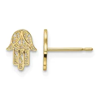 A pair of gold Hamsa hand stud earrings shown from front and side views, featuring ornate filigree detailing throughout.