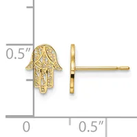 Gold hamsa hand stud earrings with ornate filigree detailing, shown front and side view with a measurement scale indicating approximately 0.5 inches in height.