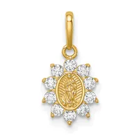 Gold pendant featuring a central oval medallion with a religious figure surrounded by a halo of round cubic zirconia stones, suspended from a gold bail.