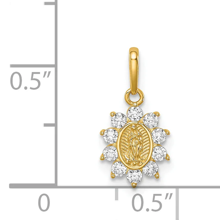 Gold pendant with oval religious medallion center surrounded by round cubic zirconia stones, shown next to a measurement scale indicating approximately 0.5 inches in height.