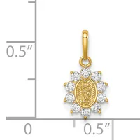 Gold pendant with oval religious medallion center surrounded by round cubic zirconia stones, shown next to a measurement scale indicating approximately 0.5 inches in height.