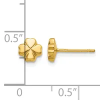 A pair of gold four-leaf clover stud earrings with posts, displayed next to a measurement scale showing approximately 0.5 inches in diameter.