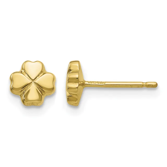 A pair of gold four-leaf clover stud earrings shown from front and side views, with posts and backs visible.