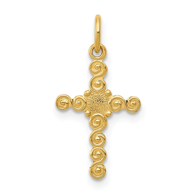 Gold cross pendant with spiral-textured spheres at each terminal point and a textured center, suspended from a small loop bail.