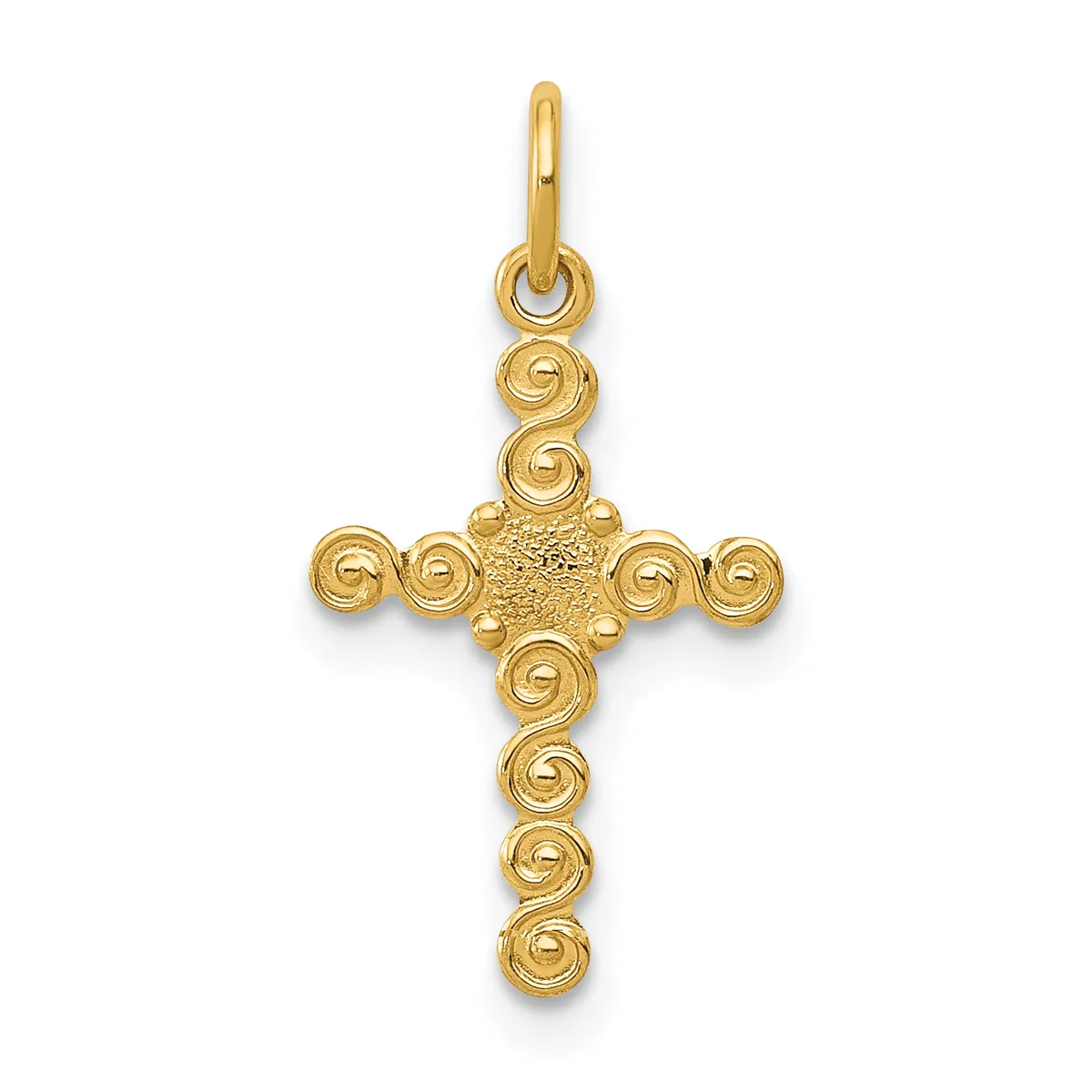 Gold cross pendant with spiral-textured spheres at each terminal point and a textured center, suspended from a small loop bail.