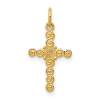 Gold cross pendant with spiral-textured spheres at each terminal point and a textured center, suspended from a small loop bail.