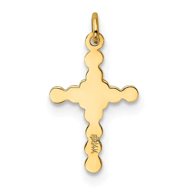 A gold cross pendant with rounded lobed ends and a small stamped hallmark on the lower arm, suspended from a gold bail.