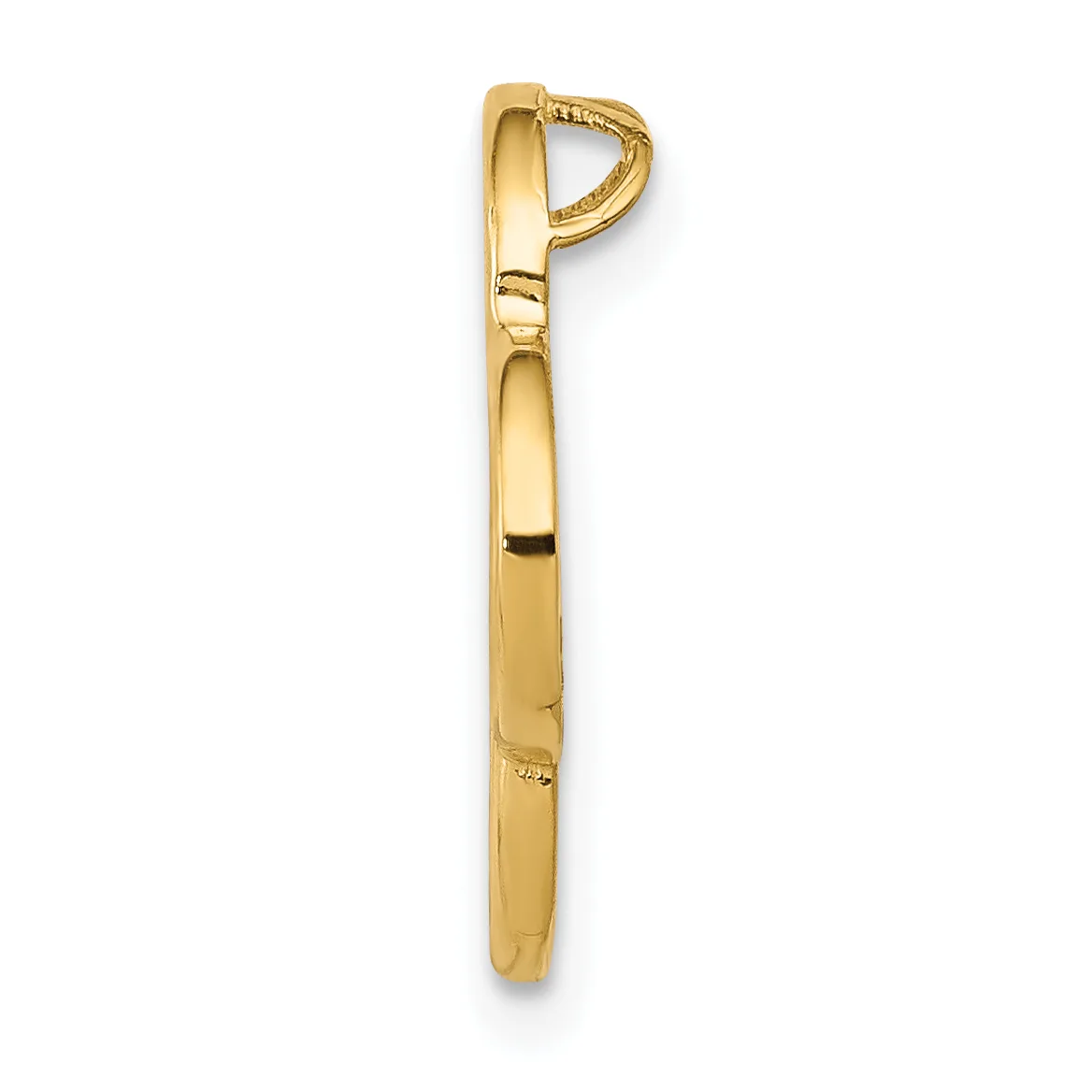 A gold-toned metal letter opener with a curved handle at the top and a long flat blade, shown vertically against a white background.