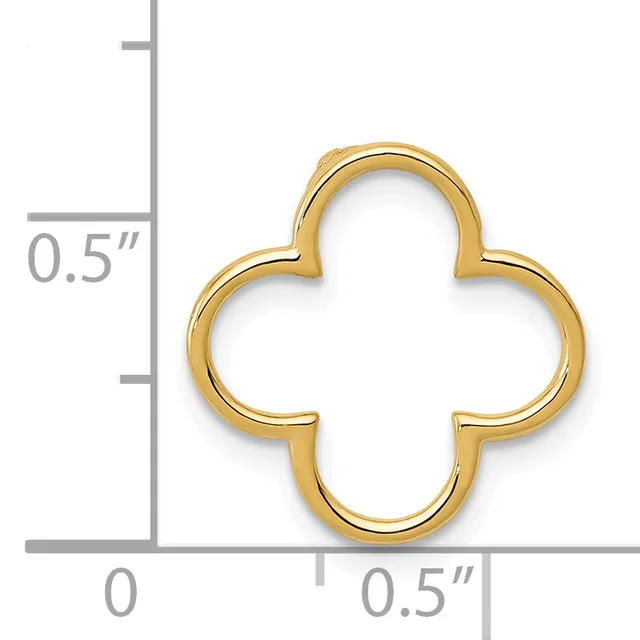 Gold-toned four-lobed clover or quatrefoil pendant shown against a ruler indicating approximately half an inch in width and height.