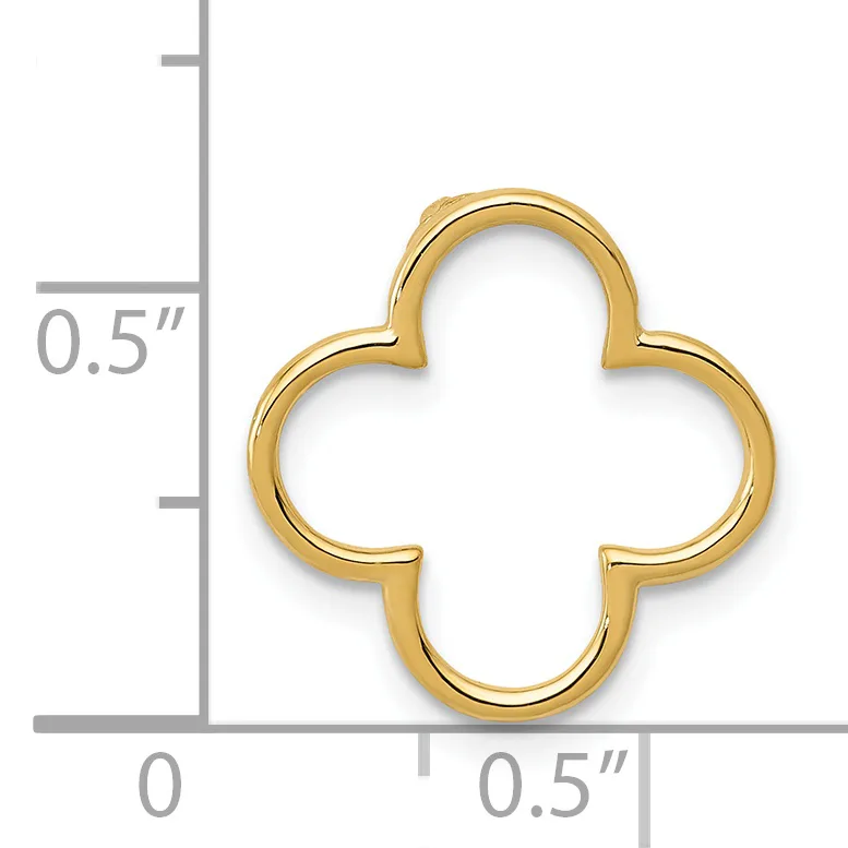 Gold-toned four-lobed clover or quatrefoil pendant shown against a ruler indicating approximately half an inch in width and height.