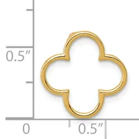 Gold-toned four-lobed clover or quatrefoil pendant shown against a ruler indicating approximately half an inch in width and height.
