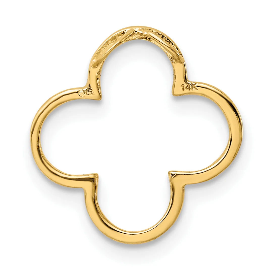 A gold four-leaf clover-shaped pendant with curved lobes and a small stamped hallmark, shown against a white background.